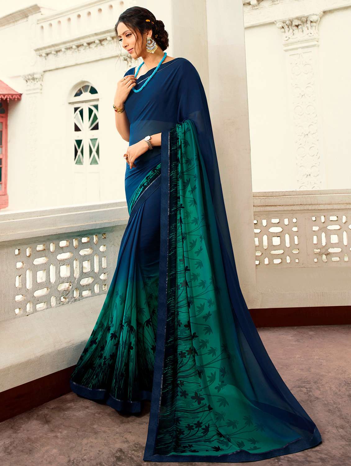 women's quirky navy blue colored saree with blouse