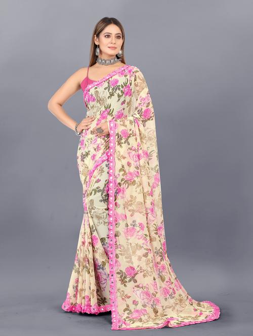women's floral beige colored saree with blouse - 20273380 - Standard Image - 0