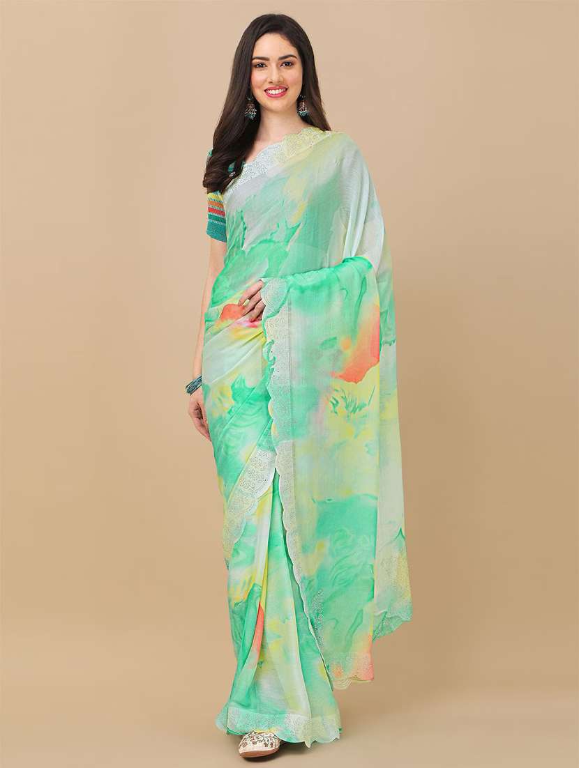 women's tie & dye light green colored saree with blouse