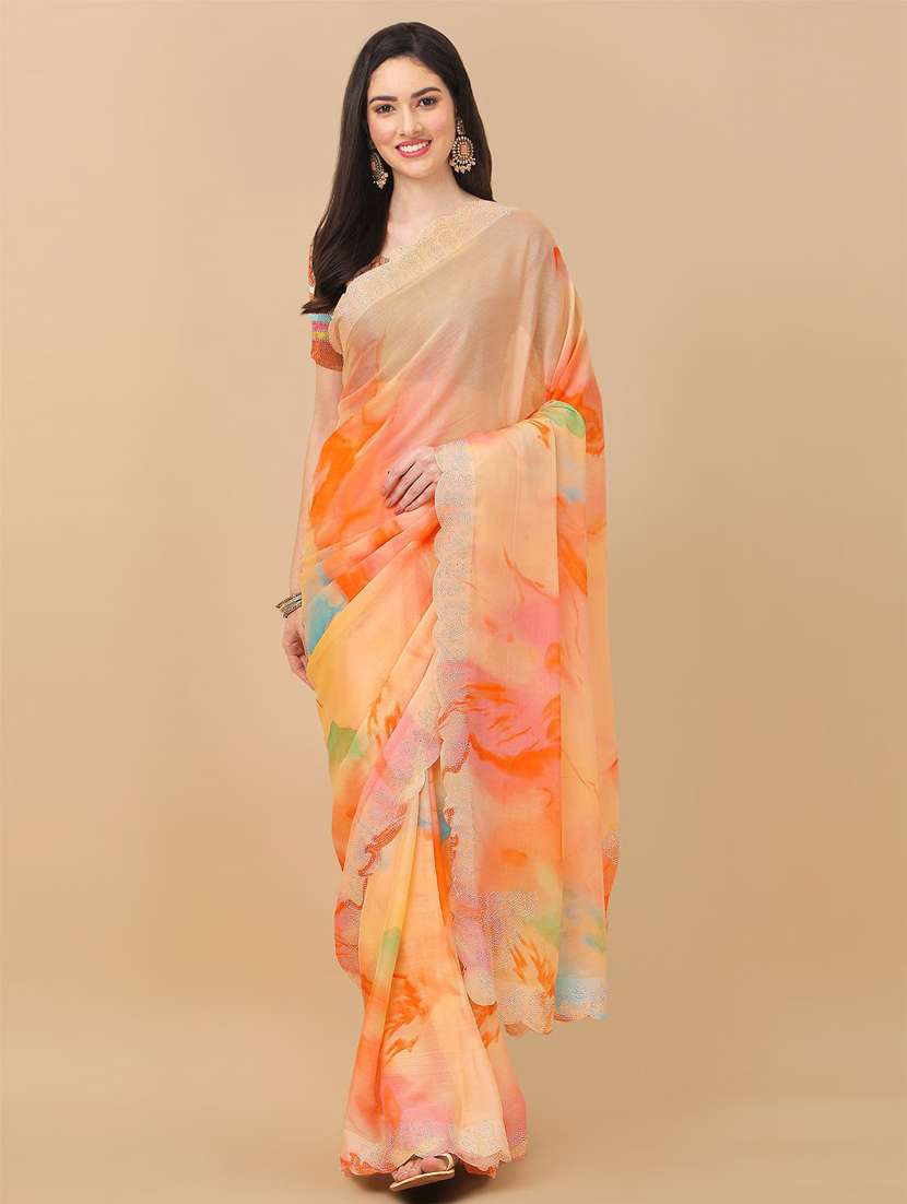 women's printed orange colored saree with blouse