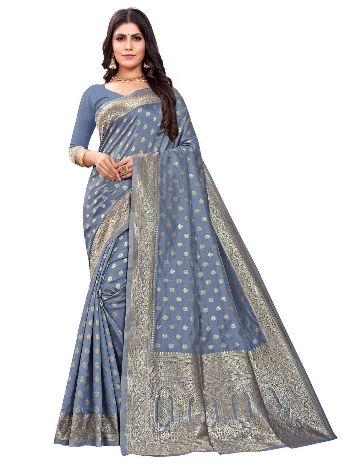 women's self design grey colored saree with blouse
