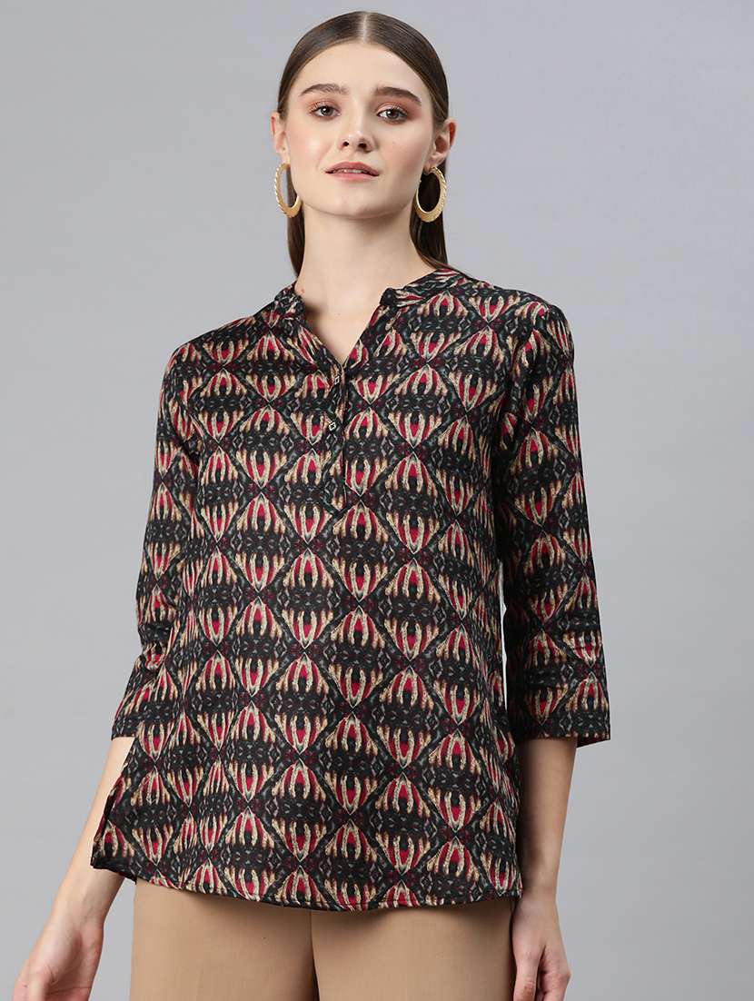 black printed mandarin neck a-line top 