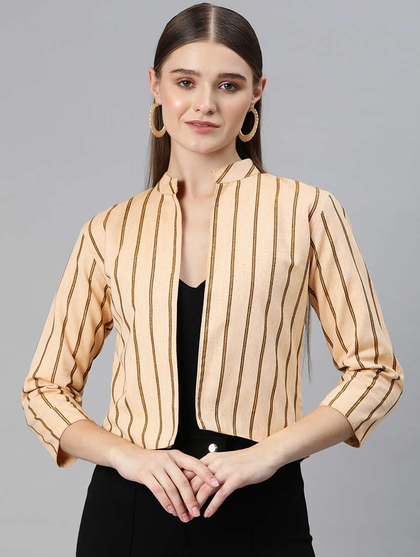 beige striped three quater sleeves jacket
