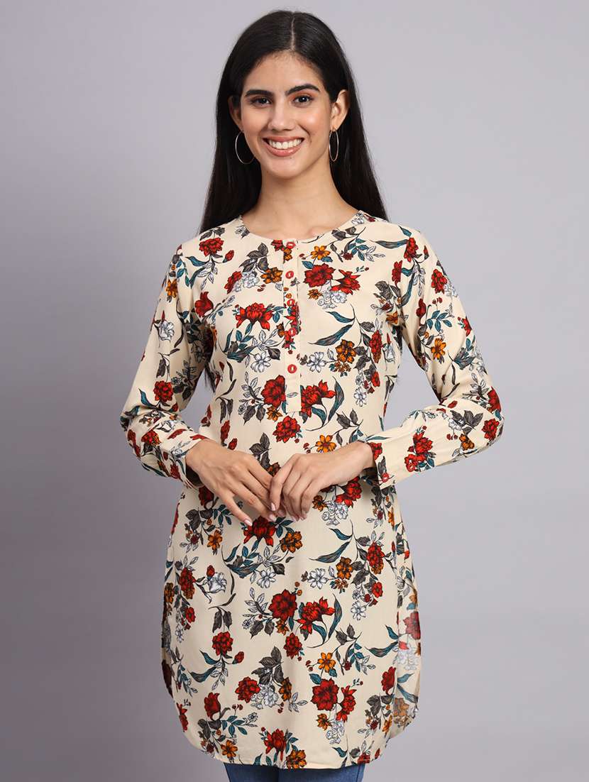 women beige floral printed side slit kurti