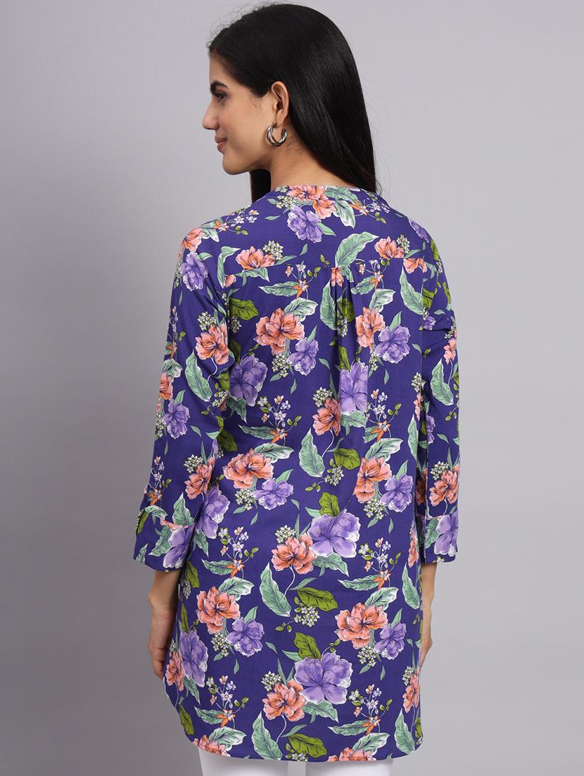 women blue floral printed side slit kurti - 20273777 - Standard Image - 2