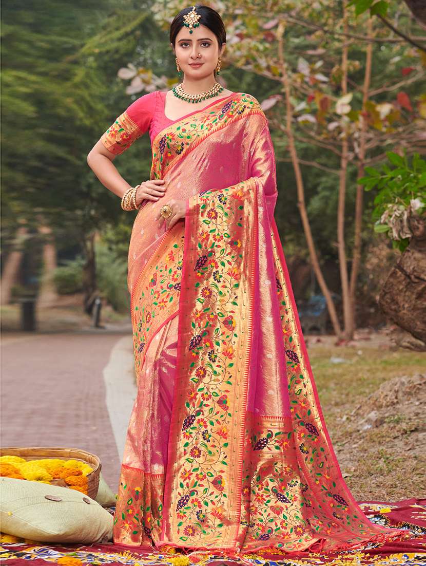 women's self design pink colored saree with blouse
