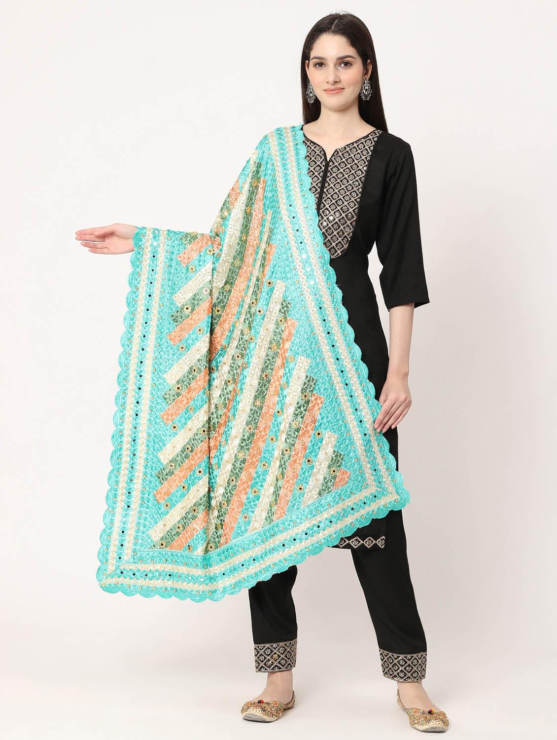 turquoise phulkari dupatta - 20276636 - Zoom Image - 0
