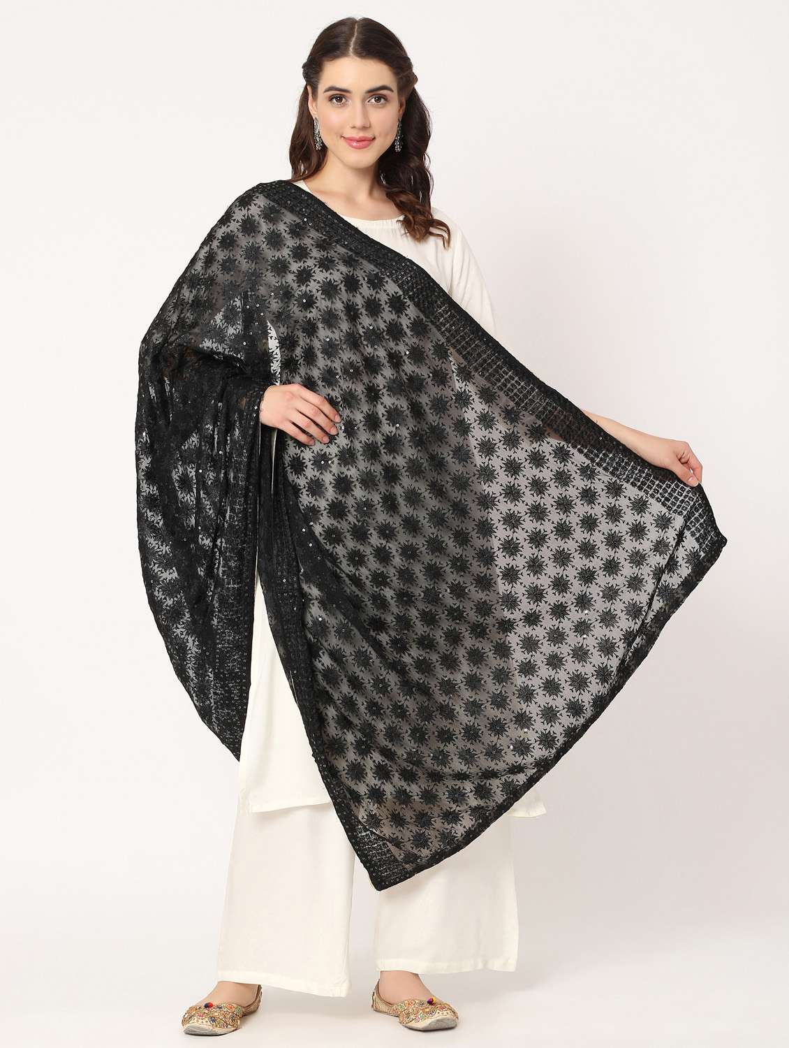 women black phulkari embroidered dupatta  - 20276658 -  Standard Image - 2