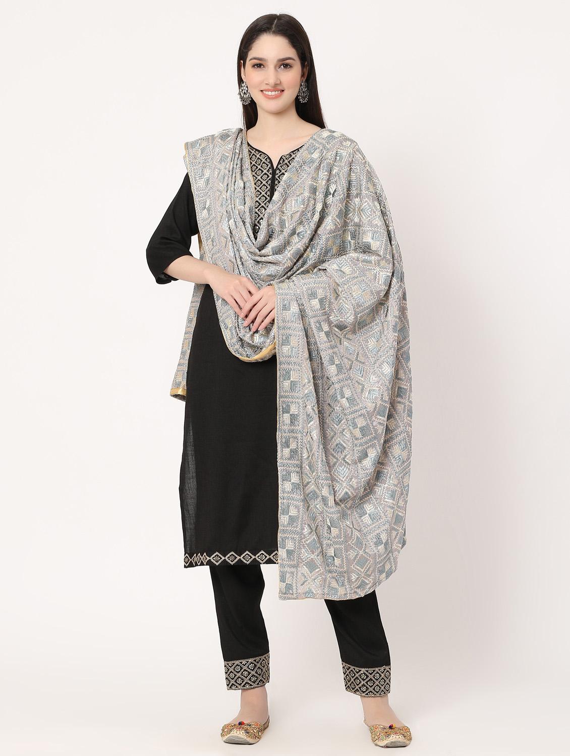 grey phulkari dupatta - 20276711 - Standard Image - 2