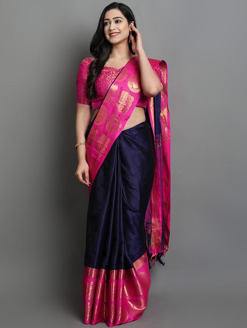 women's bordered navy blue colored saree with blouse - 20277033 - Standard Image - 0