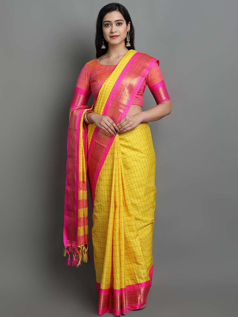 women's checks yellow colored saree with blouse - 20277040 - Zoom Image - 0