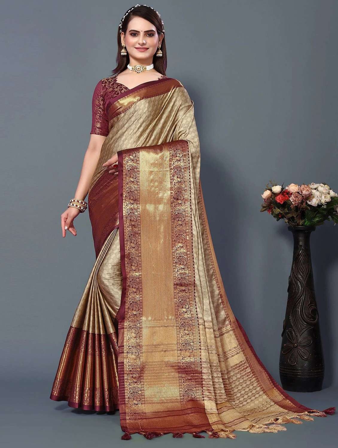 women's self design burgundy colored saree with blouse - 20277179 -  Zoom Image - 0