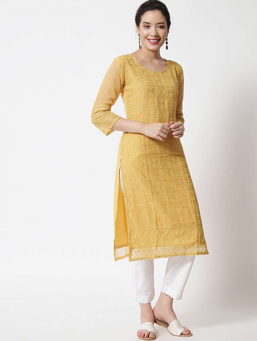 yellow colored straight kurta - 20277364 - Standard Image - 2
