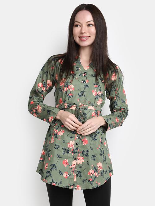 olive floral print oversized shirt - 20277760 -  Standard Image - 0