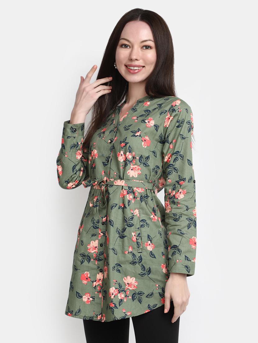 olive floral print oversized shirt - 20277760 - Standard Image - 2