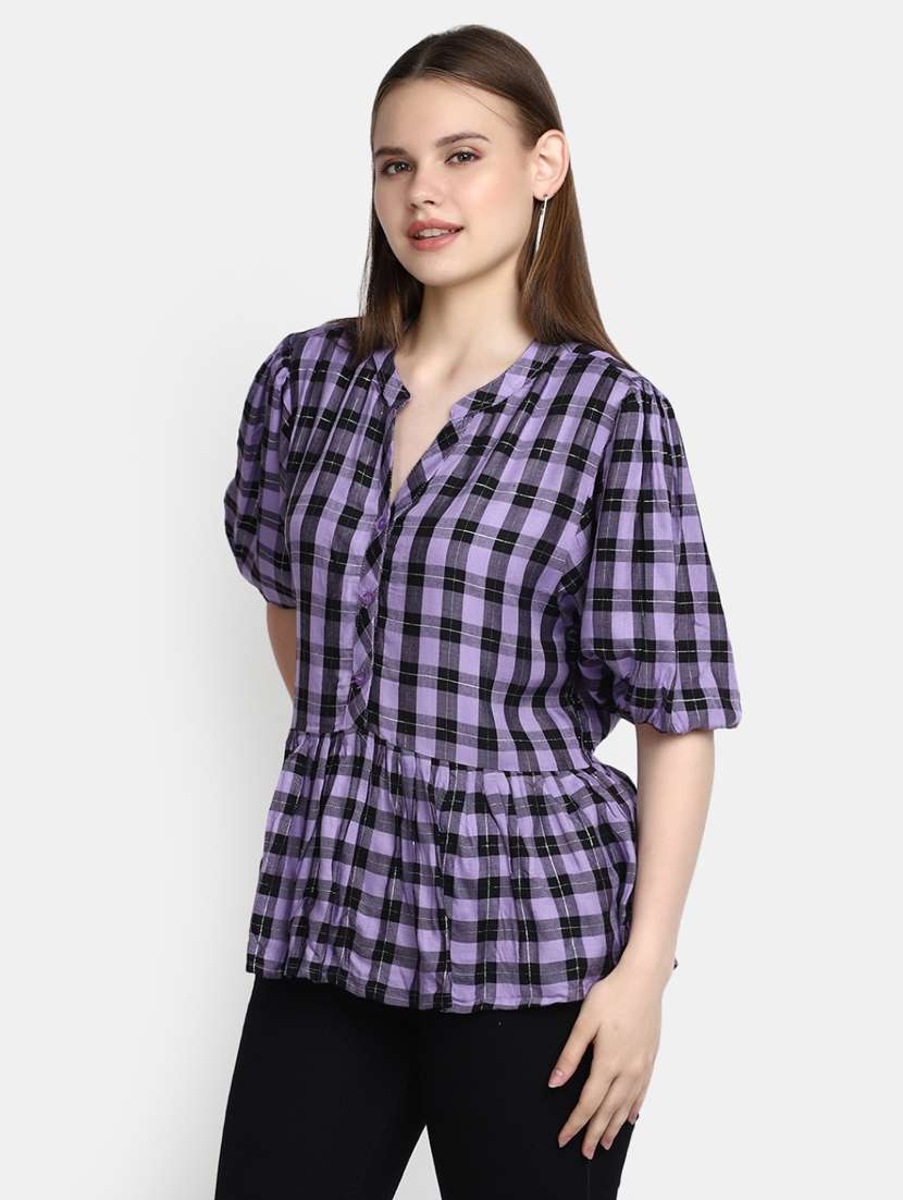 purple & black checks peplum tunic