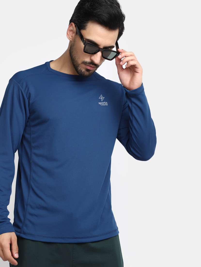 blue solid round neck long sleevs t-shirt - 20277875 -  Standard Image - 2