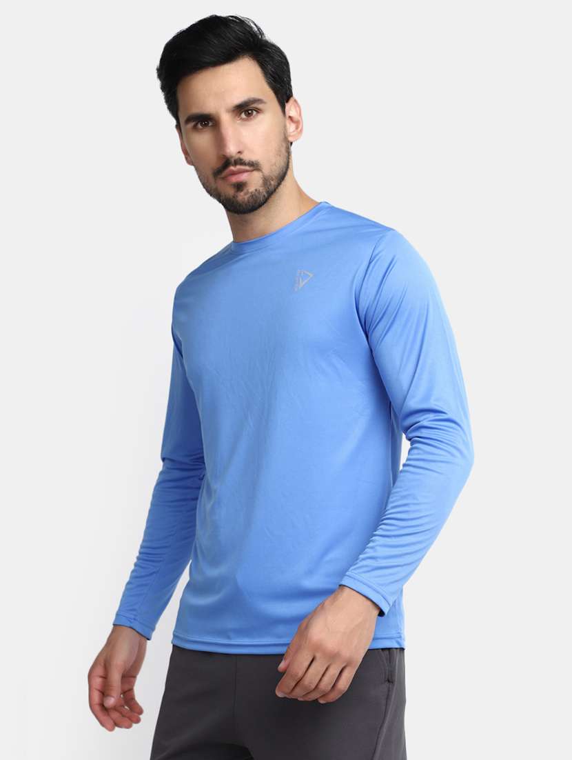 blue solid round neck long sleeves t-shirt - 20277963 -  Standard Image - 2
