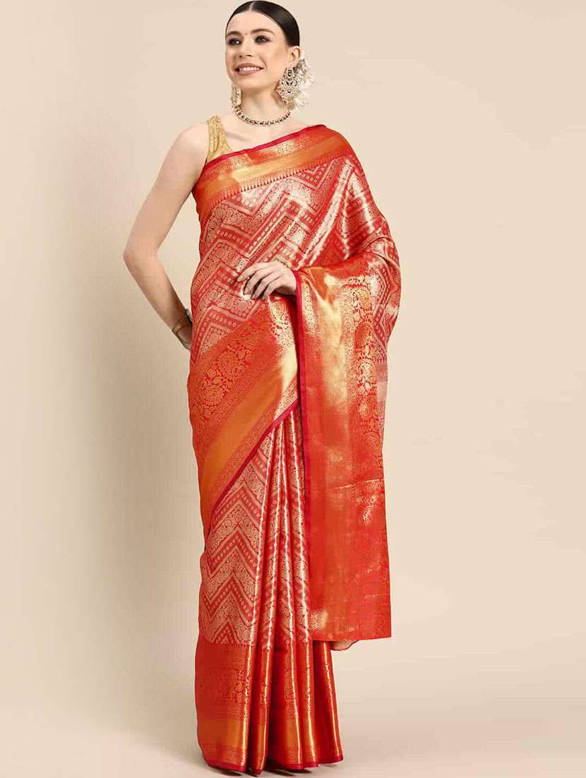 women's self design red colored saree with blouse