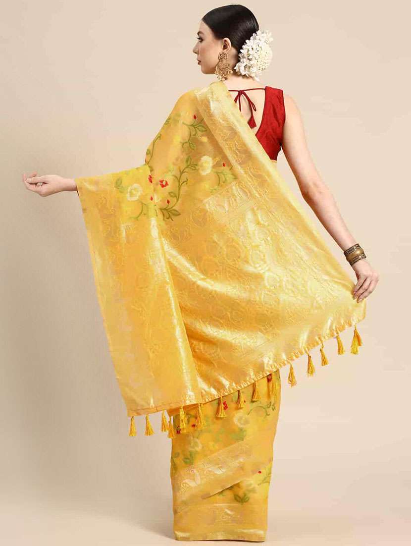Women's Floral Mustard Colored Saree With Blouse - 20278096 -  Standard Image - 2