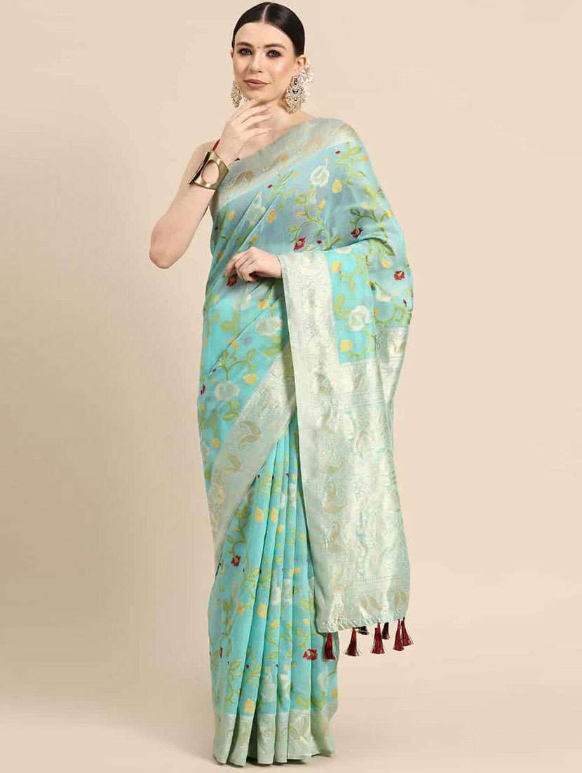 women's floral turquoise colored saree