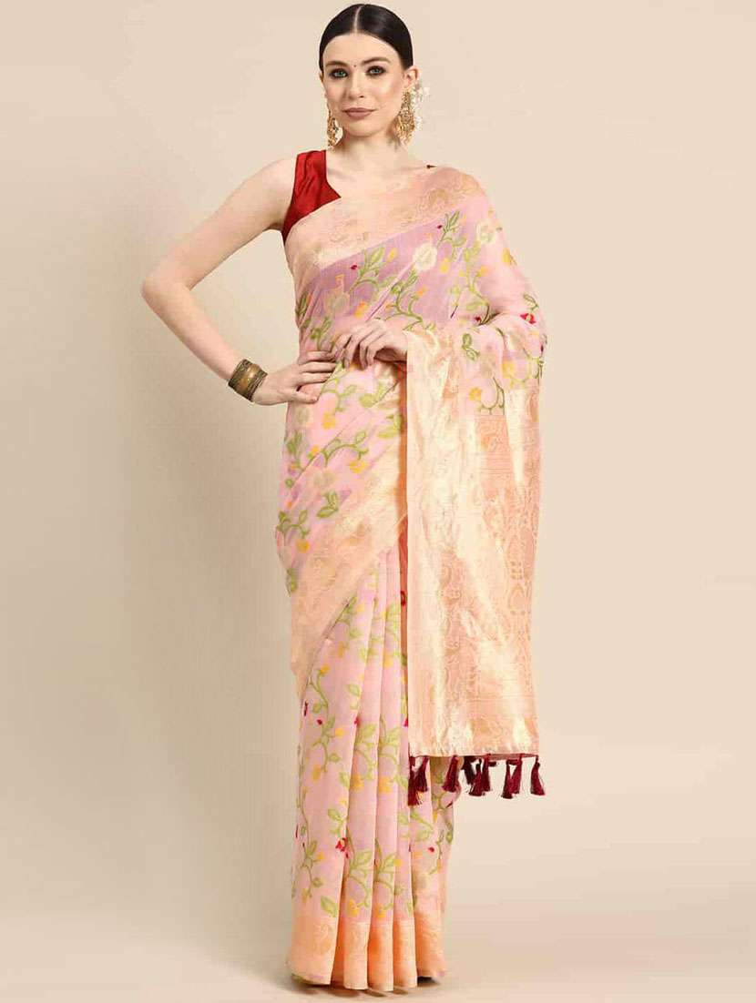 women's floral peach colored saree with blouse