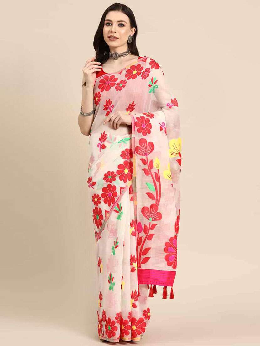 women's floral white colored saree with blouse