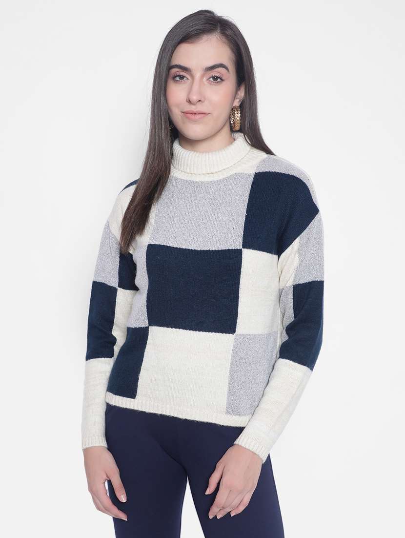 women multi color block poly blend regular pullover