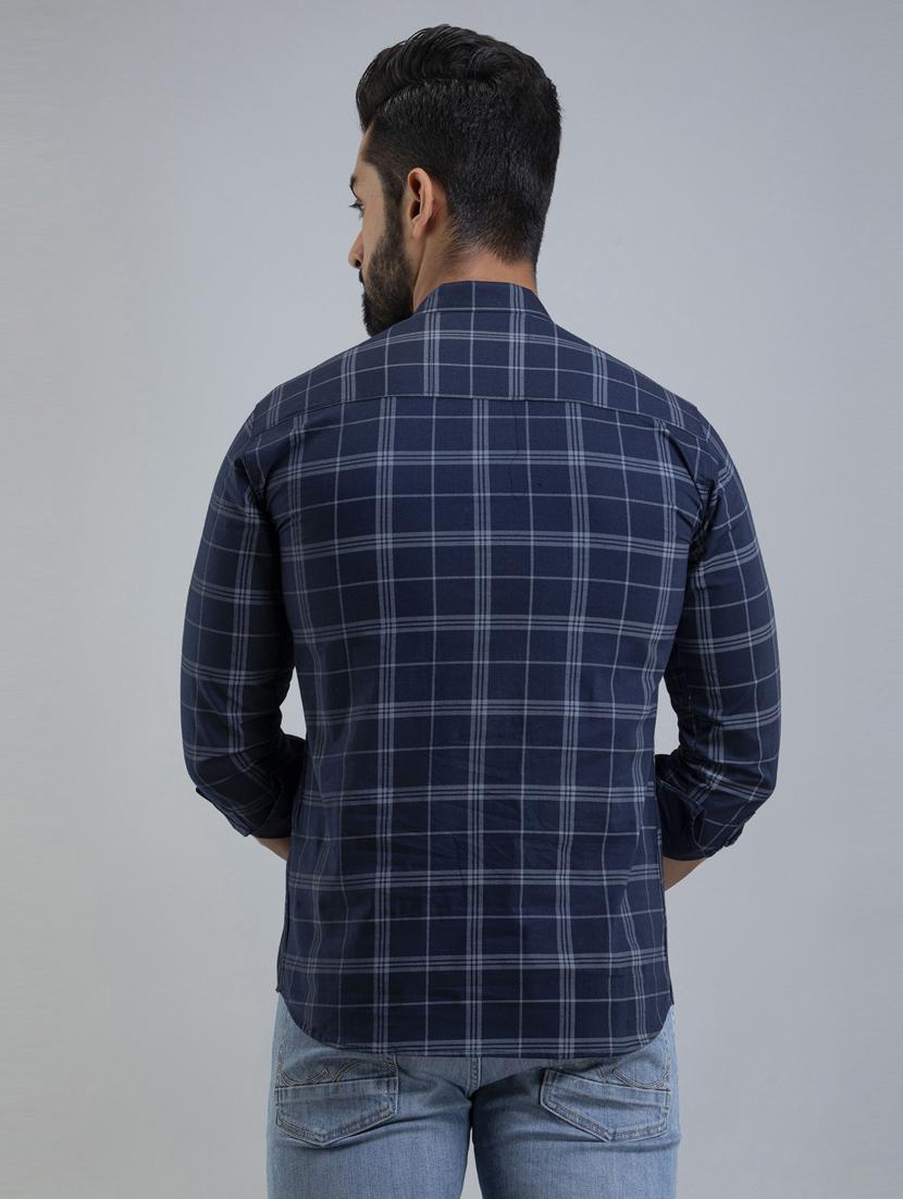 men navy blue checks cotton short kurta - 20280815 - Standard Image - 2