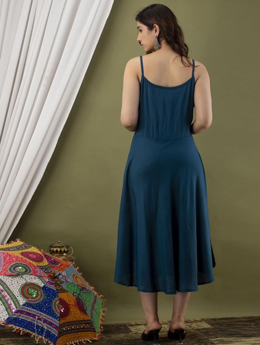 blue solid shoulder strap fit & flare dress - 20281195 - Standard Image - 2