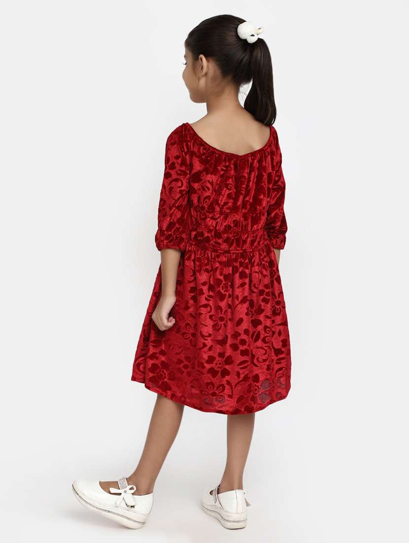 girls red round neck self design velvet frock - 20282328 -  Standard Image - 2