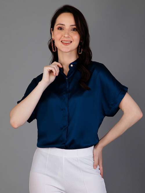 navy blue satin boxy shirt - 20282365 - Standard Image - 0