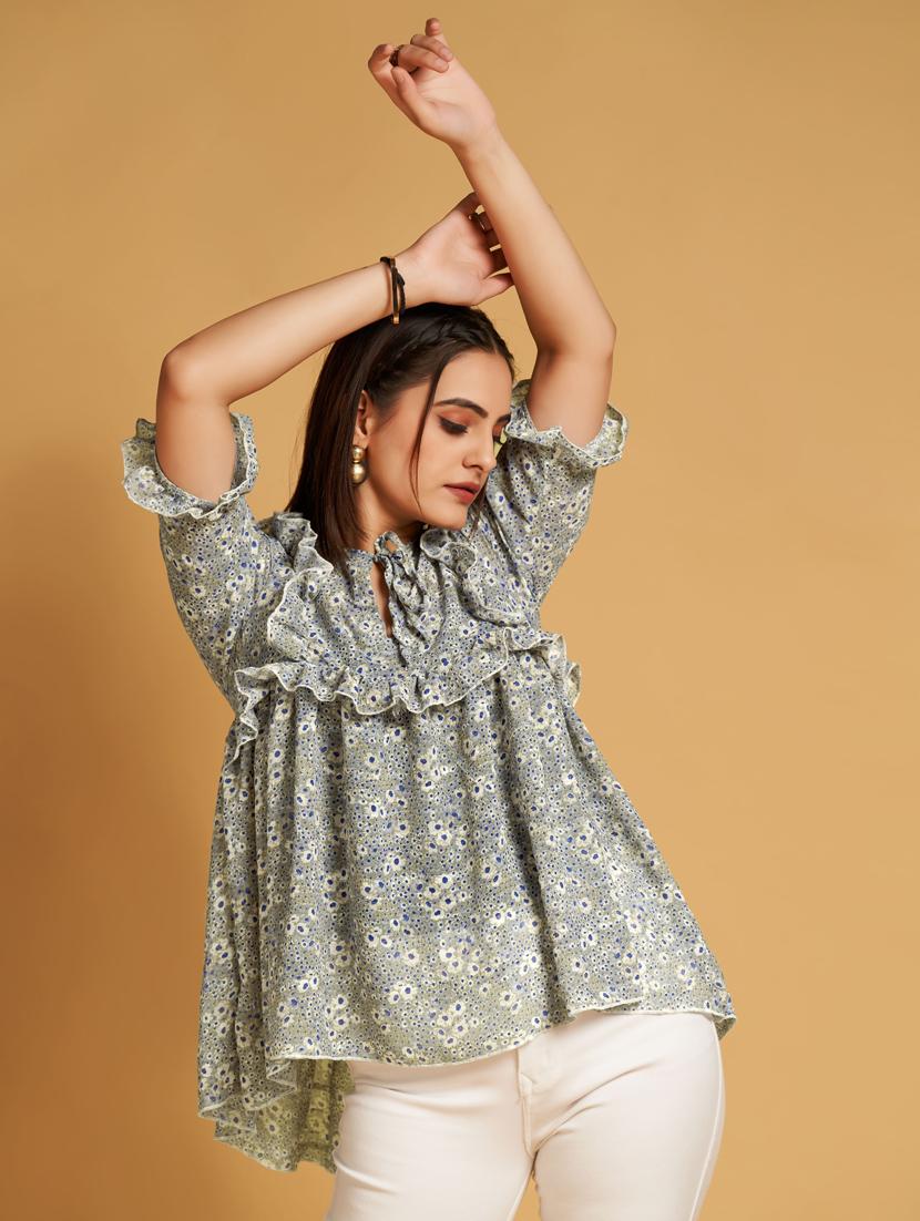 green floral print tie up neck a-line top - 20284281 - Standard Image - 2