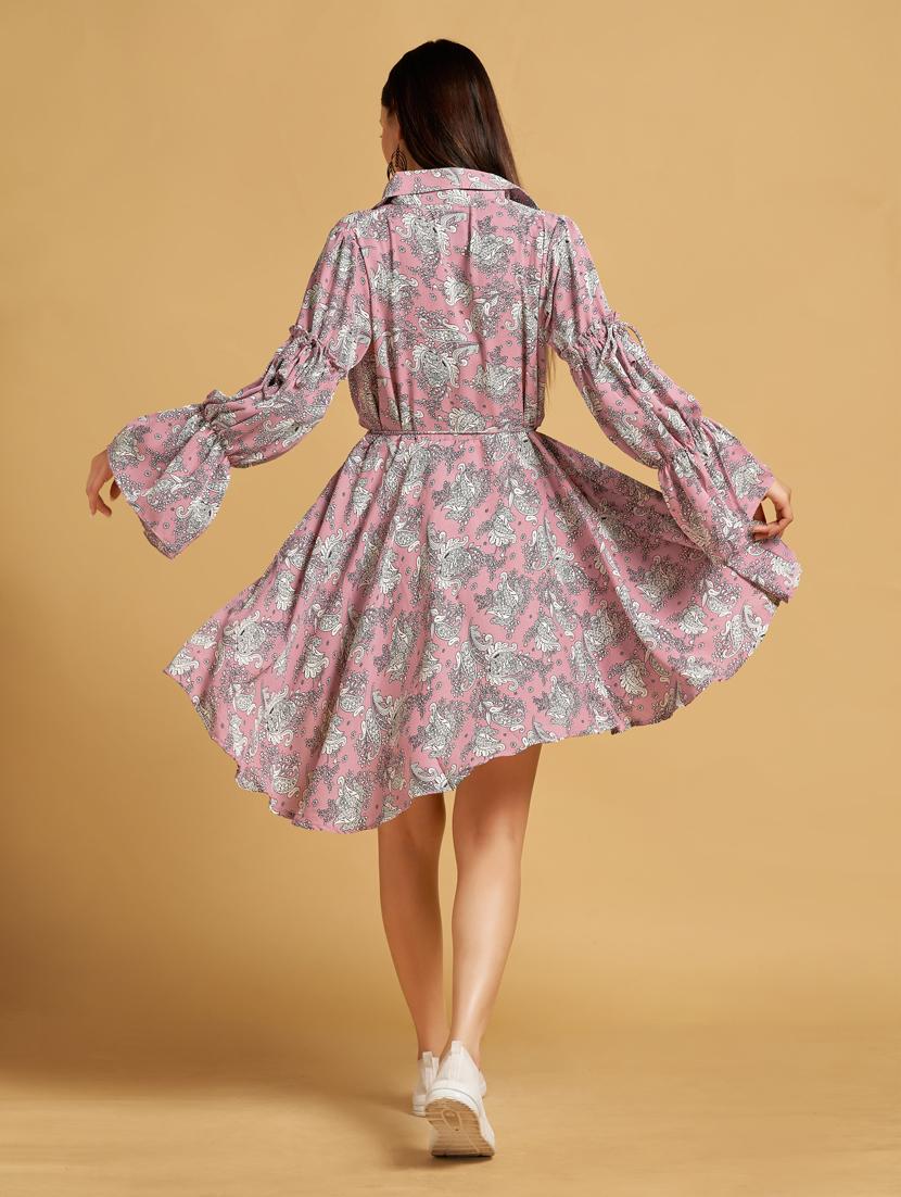 pink paisley print bell sleeves fit & flare dress - 20284307 - Standard Image - 2