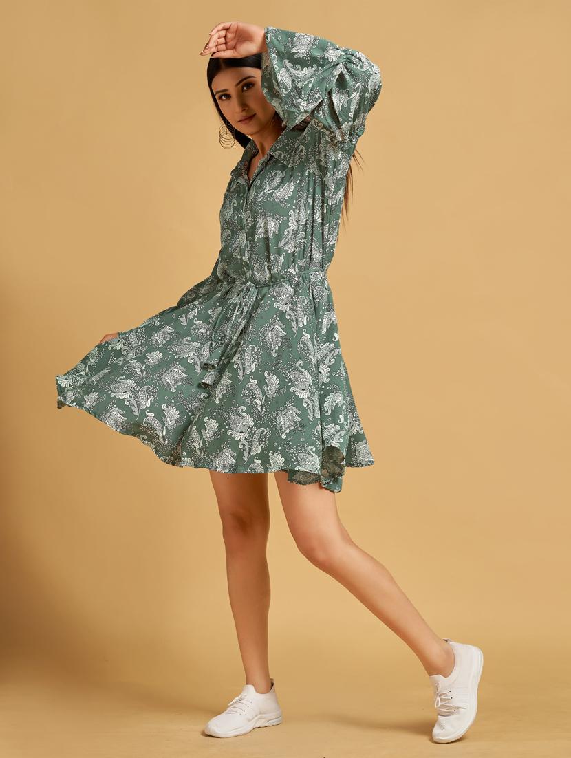 green paisley print bell sleeves fit & flare dress - 20284309 - Standard Image - 2