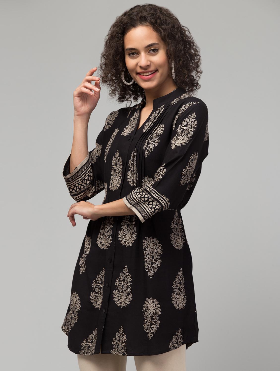 women mandarin neck block printed regular tunic - 20284312 - Standard Image - 2