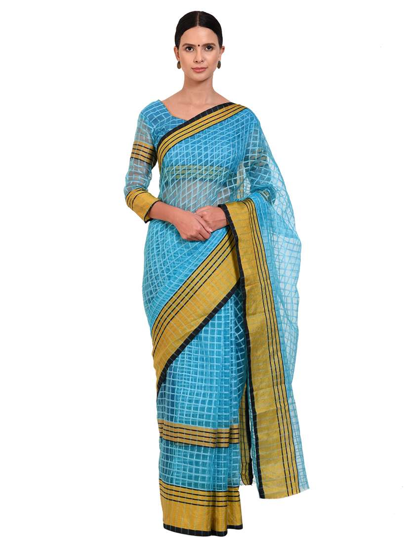 blue kota doria saree with blouse