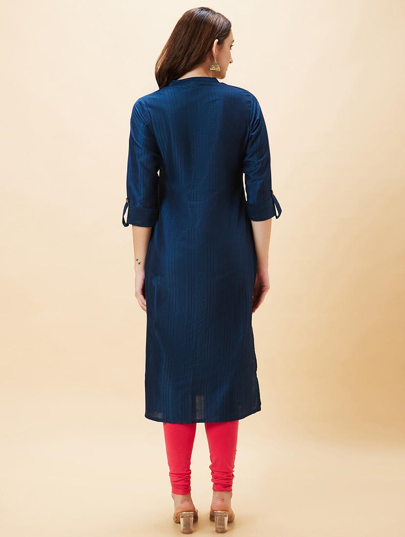 women navy blue polyester straight kurta - 20288166 - Standard Image - 2