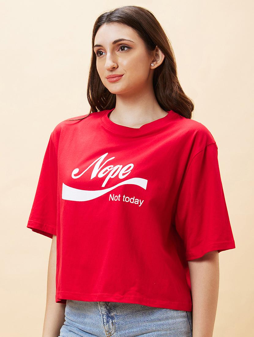 globus women red drop shoulder graphic printed oversized trendy crop t-shirt