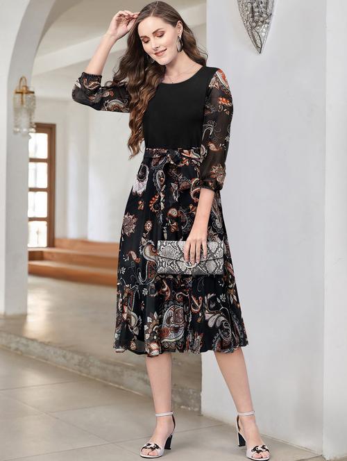 black paisley print puff sleeves fit & flare dress - 20288223 -  Standard Image - 0