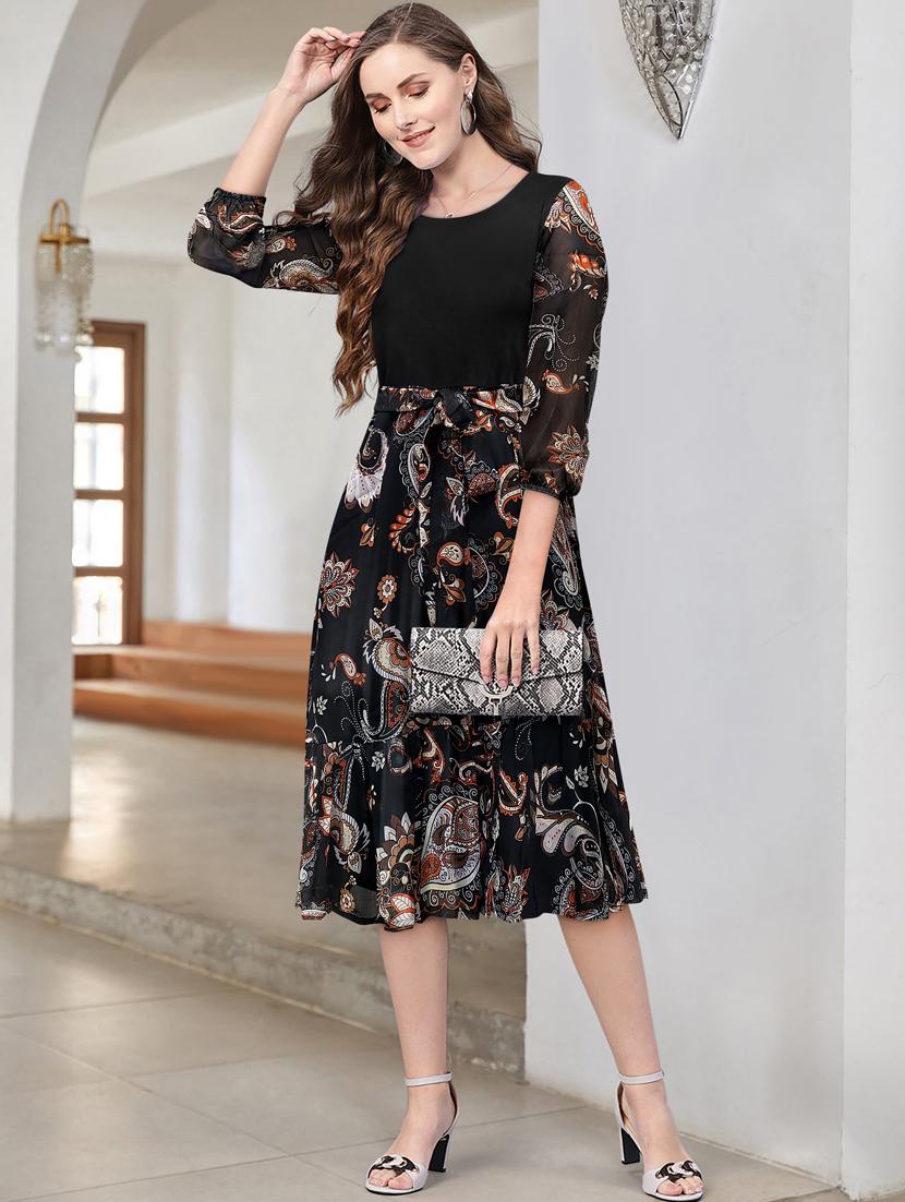 black paisley print puff sleeves fit & flare dress - 20288223 -  Zoom Image - 0