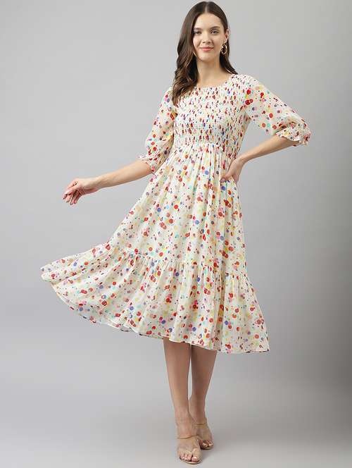 white polka doted round neck fit & flare dress - 20288229 -  Standard Image - 0