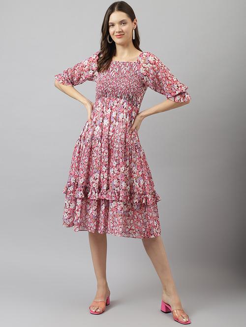 peach floral print puff sleeves tiered dress - 20288232 - Standard Image - 0