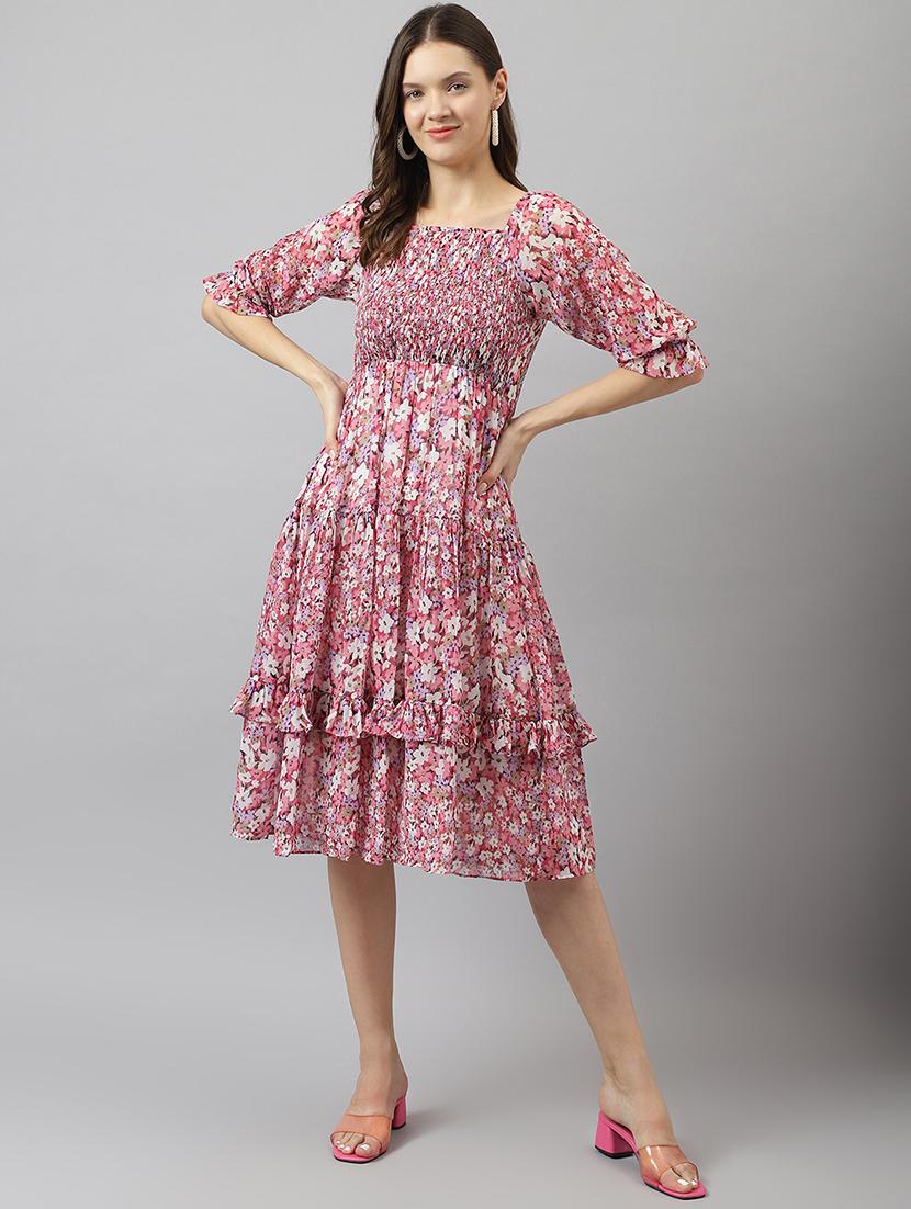 peach floral print puff sleeves tiered dress - 20288232 - Zoom Image - 0