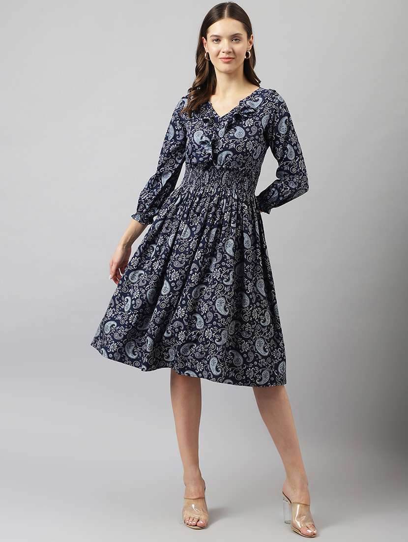 navy blue paisley print ruffled dress
