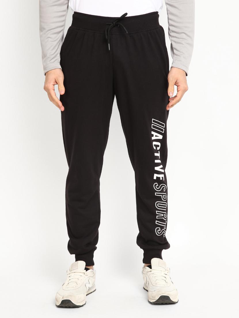 men placement print black cotton full length track pant - 20288920 -  Zoom Image - 0