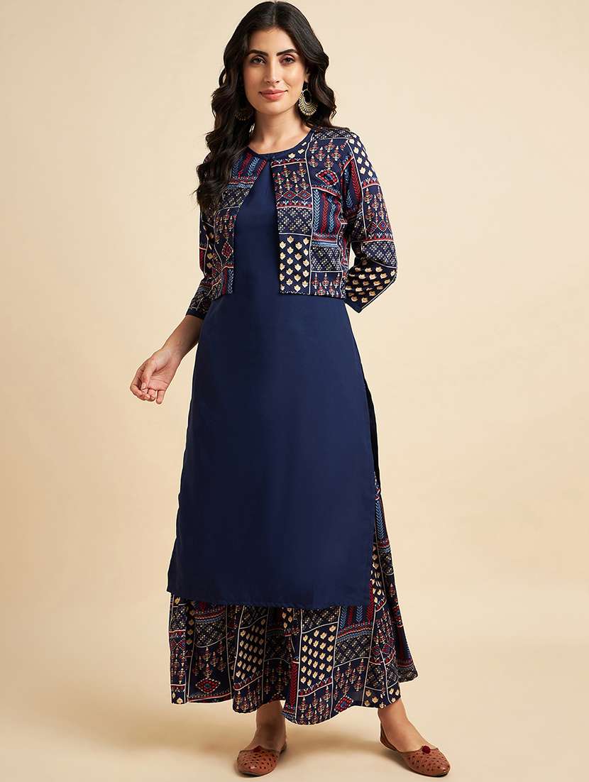 blue straight kurta with palazzo and jacket