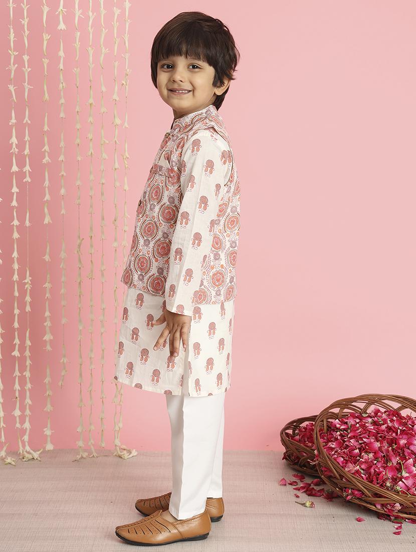 boy white printed kurta set with jacket - 20289230 - Standard Image - 2