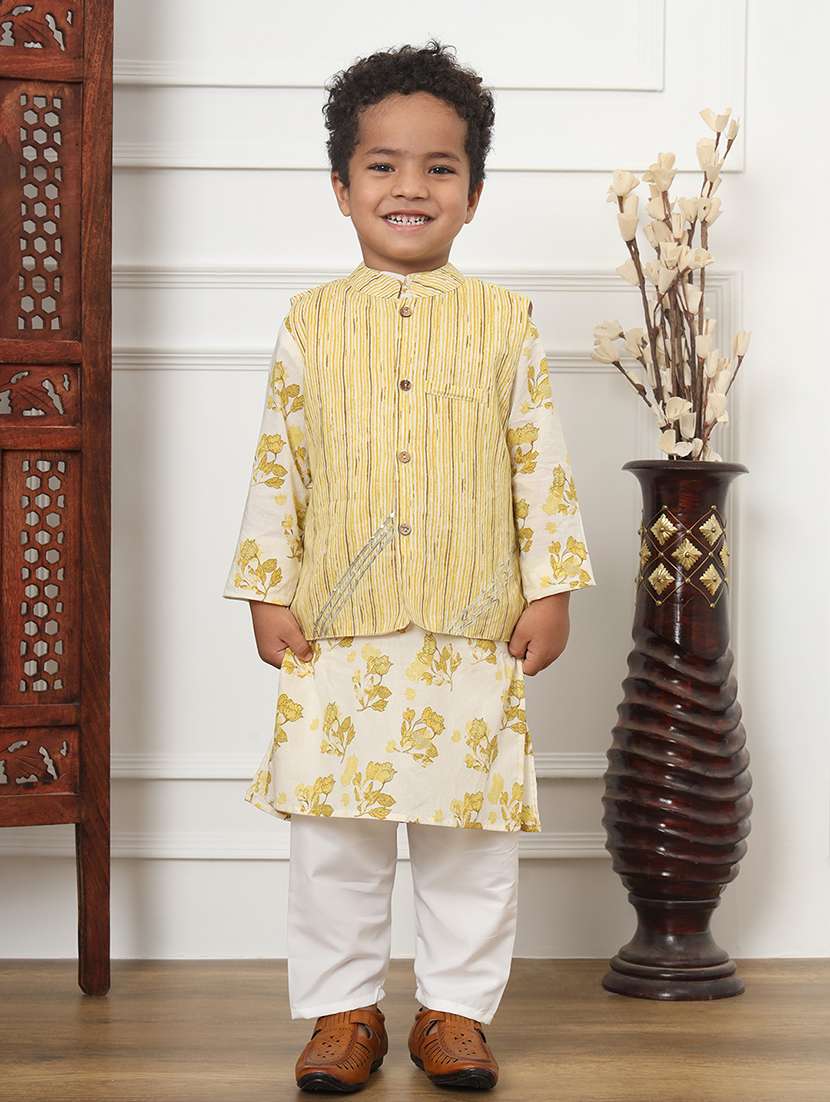 boy yellow floral print kurta set with nehru jacket