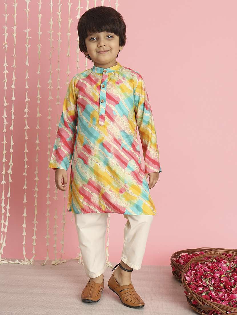 boy multi colored printed kurta set with nehru jacket